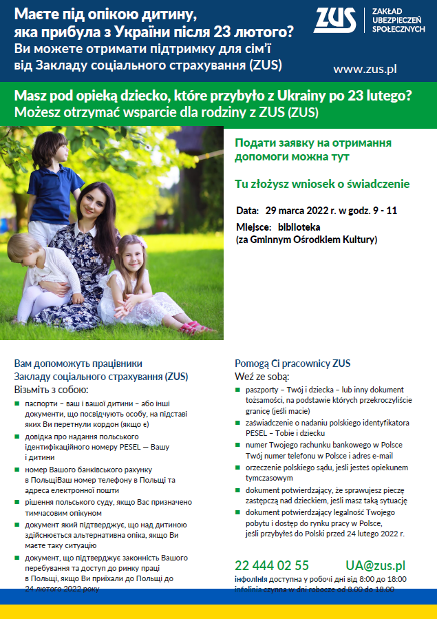 Plakat informujący o wizycie pracowników ZUS w Główczycach, którzy pomogą obywatelom Ukrainy złożyć wnioski na przysługujące wsparcie dla rodziny