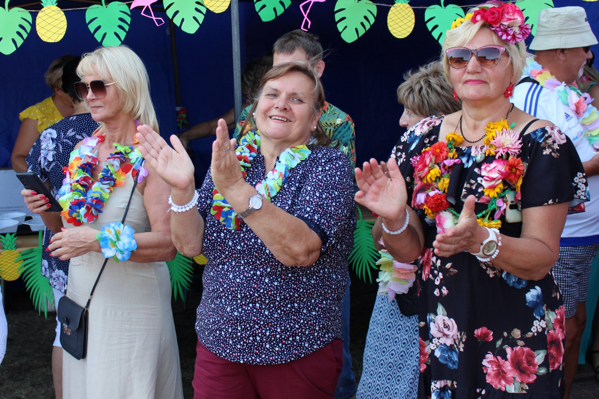 Uczestnicy pikniku przyglądający się występowi i klaszczący w rytm muzyki