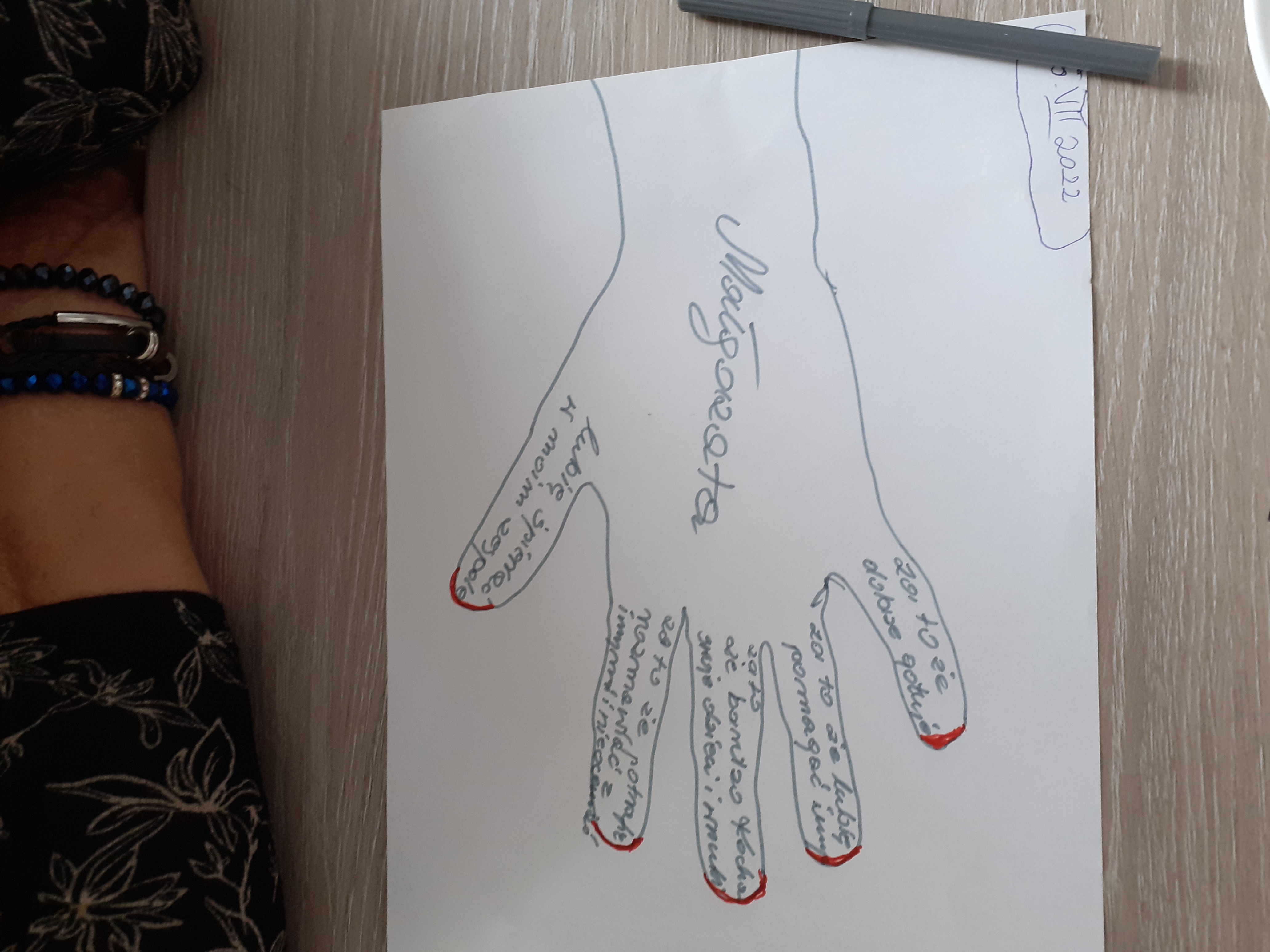 Biała kartka z obrysem dłoni uczestnika szkolenia i jego zapiskami