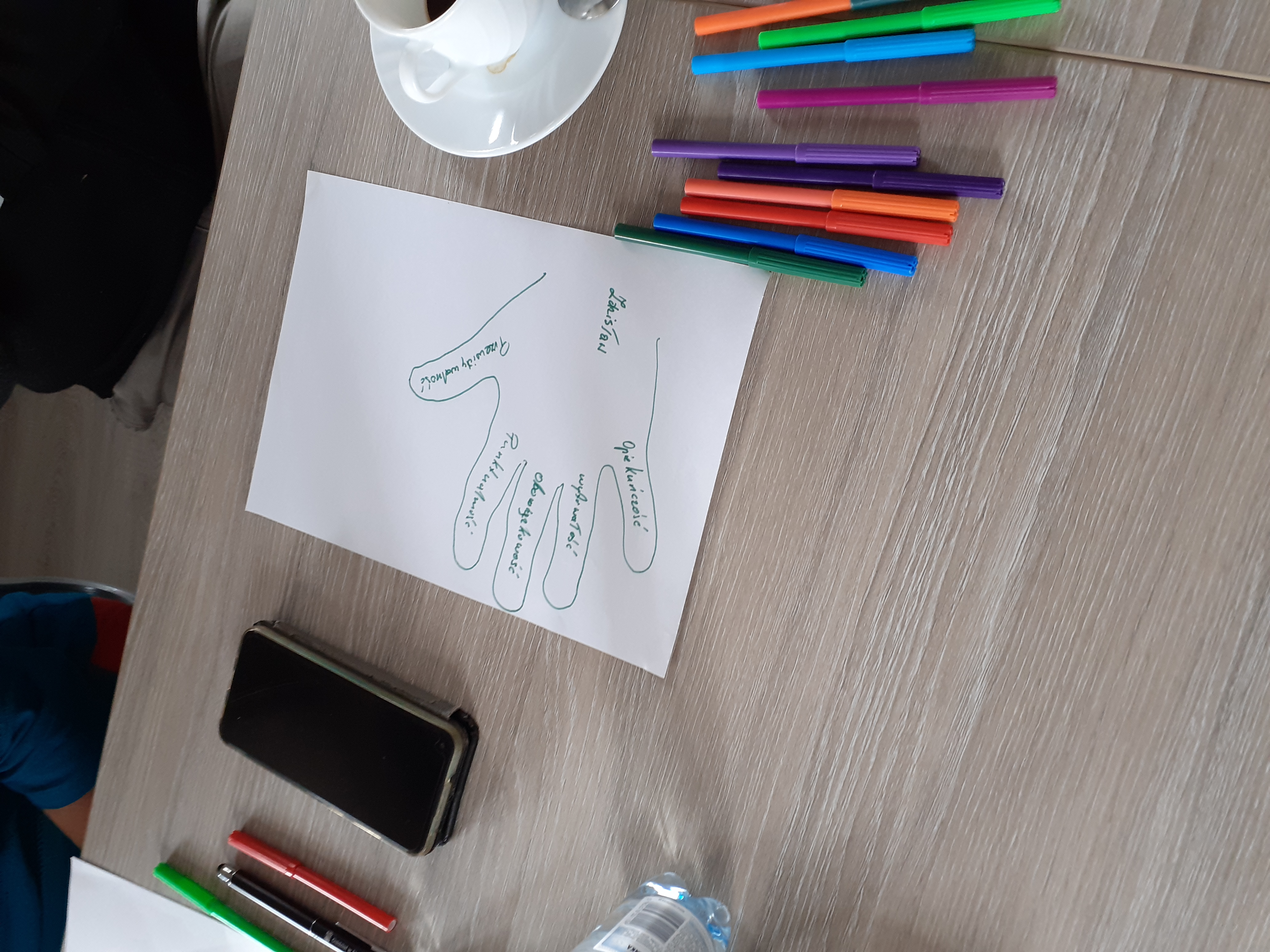 Biała kartka z obrysem dłoni uczestnika szkolenia i jego zapiskami